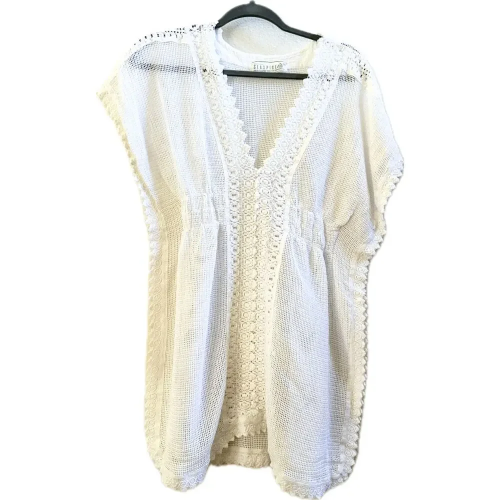 SeaSpice White Peruvian Cotton Crochet Swim Cover Up Dress M
